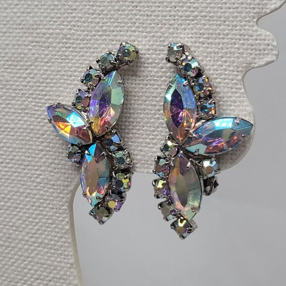 Vintage Aurora Borealis Rhinestone Clip-On Earrings Silver Tone Formal Sparkle - Picture 6 of 9